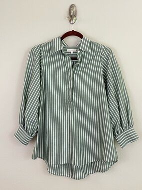 ANN MASHBURN Green and White Striped Cotton-Linen Blend Popover Top Size Small